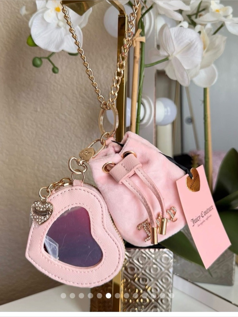 Juicy Couture Pink Mini Drawstring Bag Keychain Set